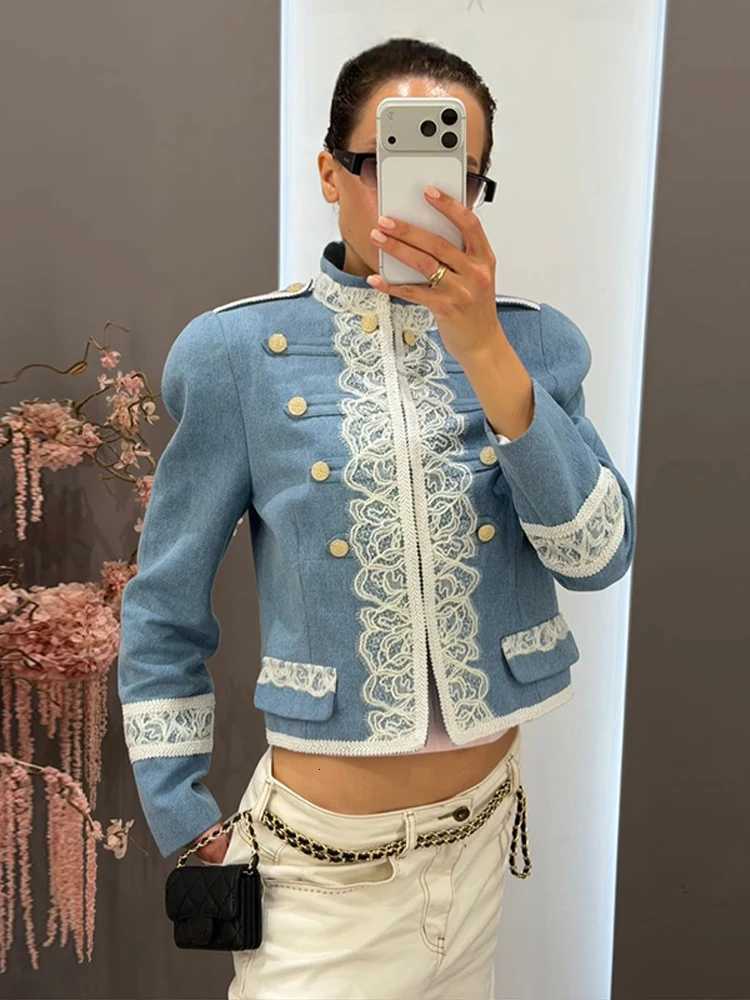 Women's Jackets Vintage Military Women's Denim Cropped Jacket Stand Collar Lace Buttons Slim Waist Coat Female Elegant Lady Street Outerwe