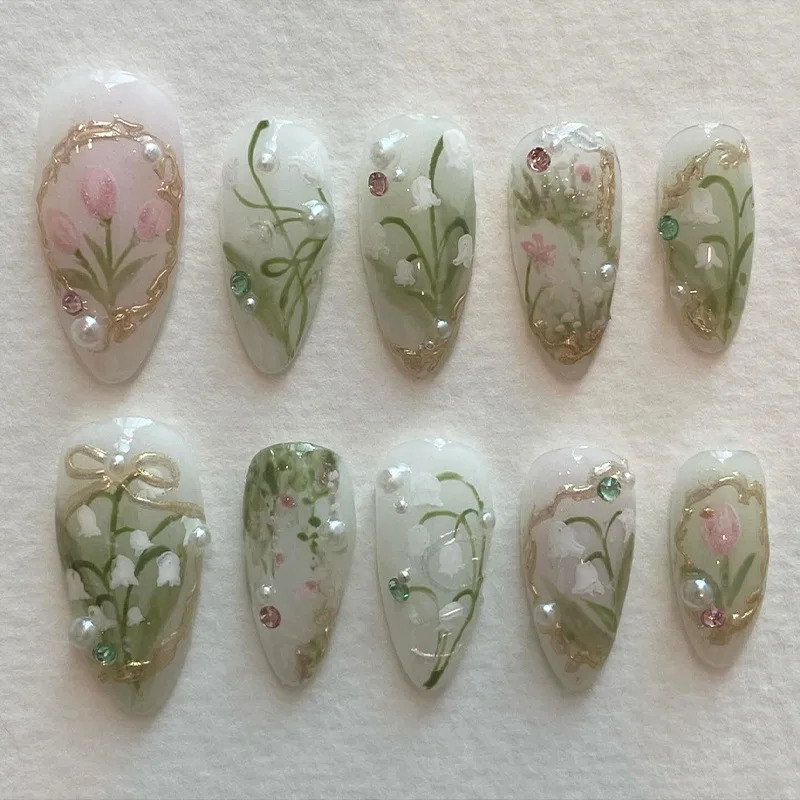 24pcs Orchid Flower Press On Nails Light Green Almond False Nail With Pearl Gold Bows Colorful Doamind Decor Cute DIY Manicure 260922