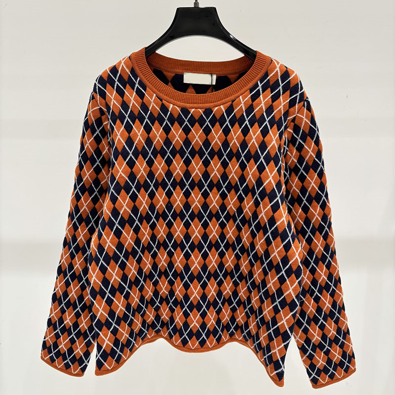 Womens Argyle Plaid Knit Sweaters Designer Round Neck Color Block Long Sleeve Pullovers Street Style Loose Sweater Tops