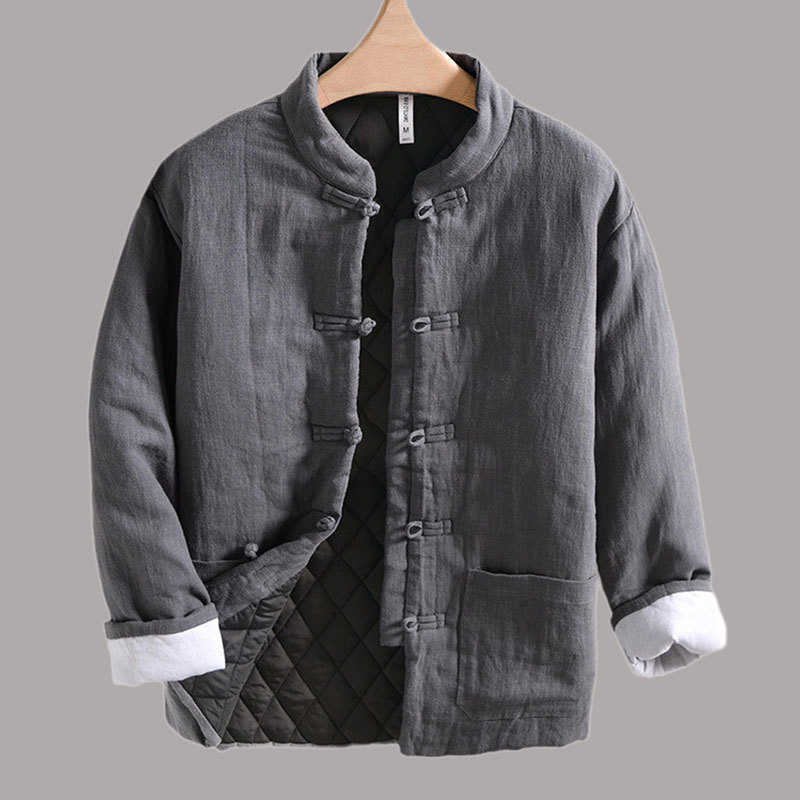 Chinese Parkas Retro Men's Down Style Male Warm Padded Jacket Harajuku Loose Solid Color All-match Cotton Linen Knot Button Outwear Jacket Men