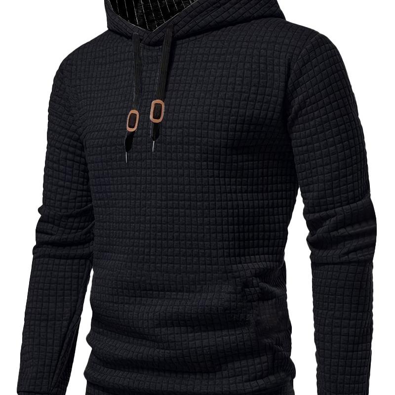 Mens Textured Grid Waffle Knit Pullover Hoodie Adjustable Drawstring Hood Long Sleeve Rib Hem Casual Hooded Sweatshirt