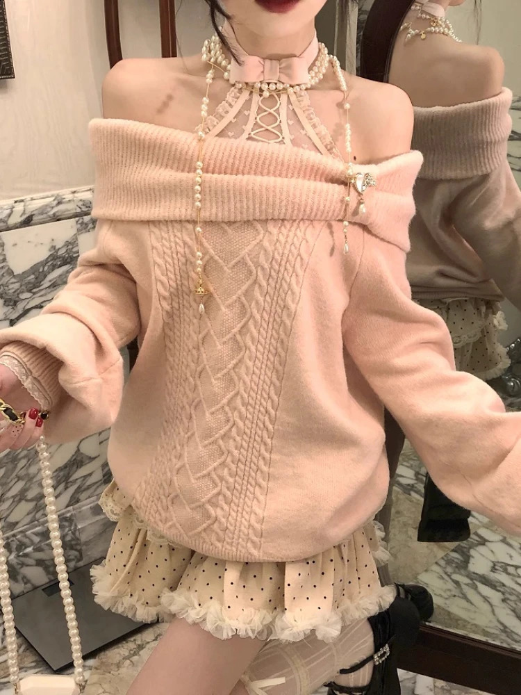 Women Sweet Girl Bow Off-Shoulder Sweater Autumn Winter Elegant Sexy Fashion Knitted Tops Casual Y2k Knitwear Pullover 260920
