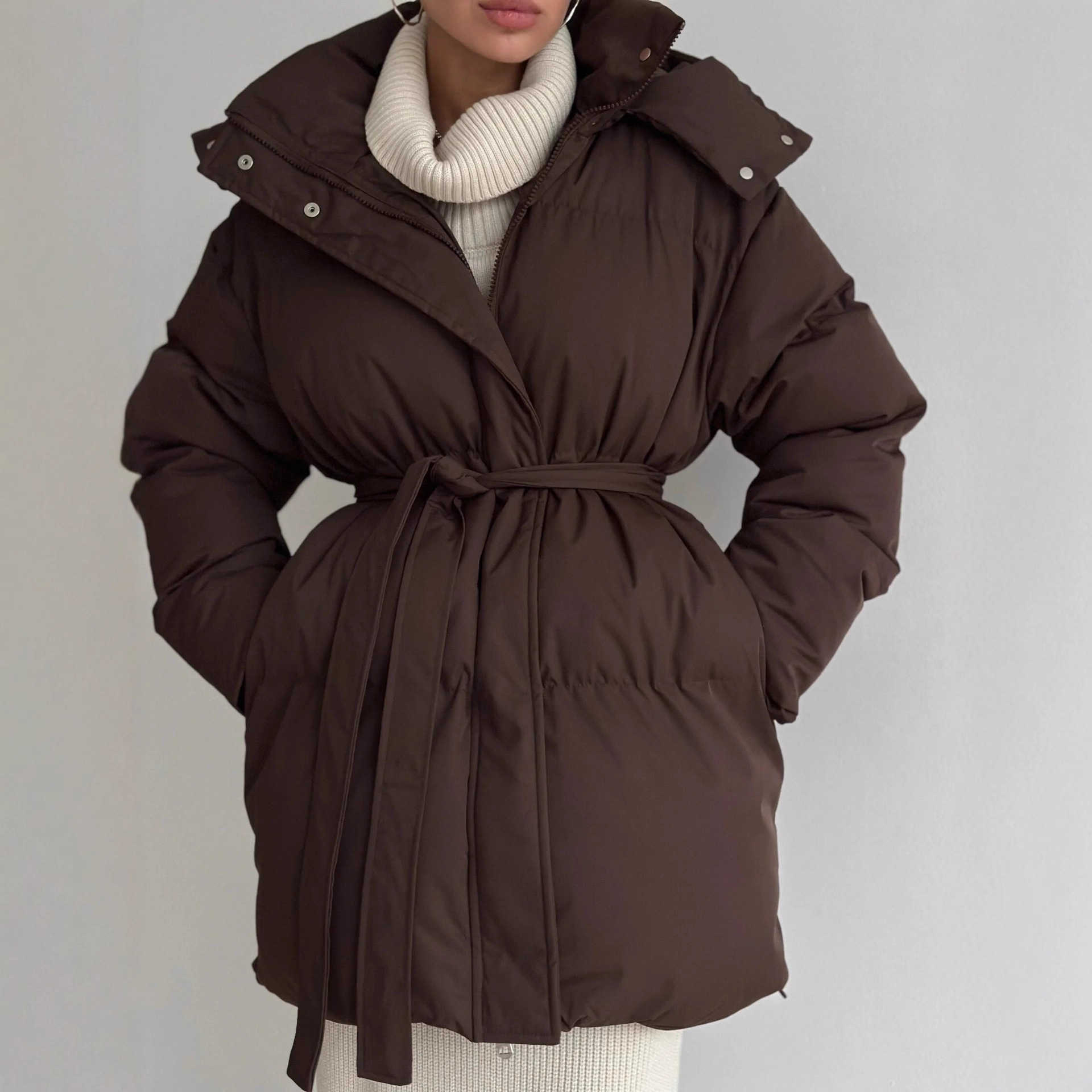 Wind 2026 Casual Slim-Fit Hooded Mid-Length Puffer Jacket for Women Thickened Cotton Coat Brown T260922