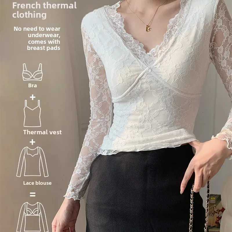 Underwear Women's Thermal Pure Desire Autumn Winter Lace Thermal Underwear Heating Thin Tight Sexy Long Sleeve Inner Wear with Chest Pad NT2418