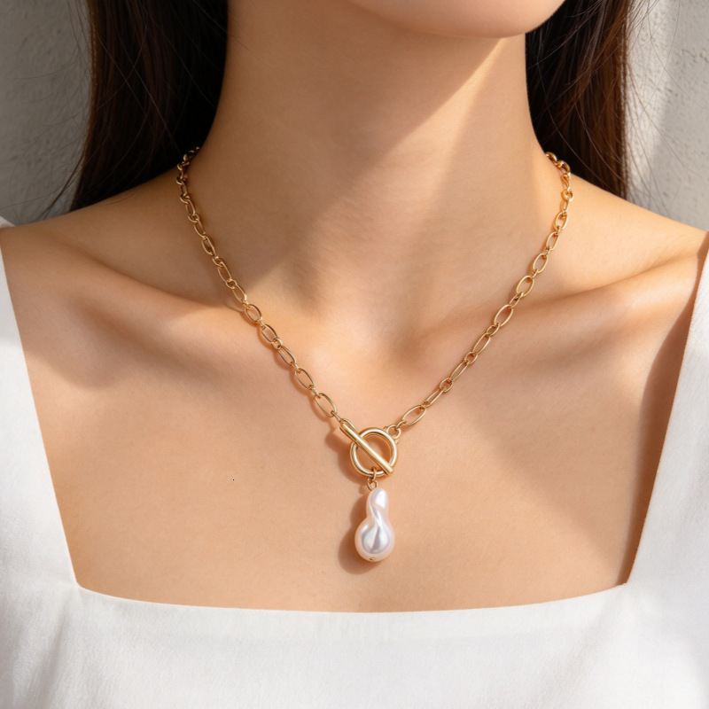 Cross-border best-selling European American style versatile chunky O-chain pearl OT clasp pendant necklace, simple and fashionable clavicle chain wh