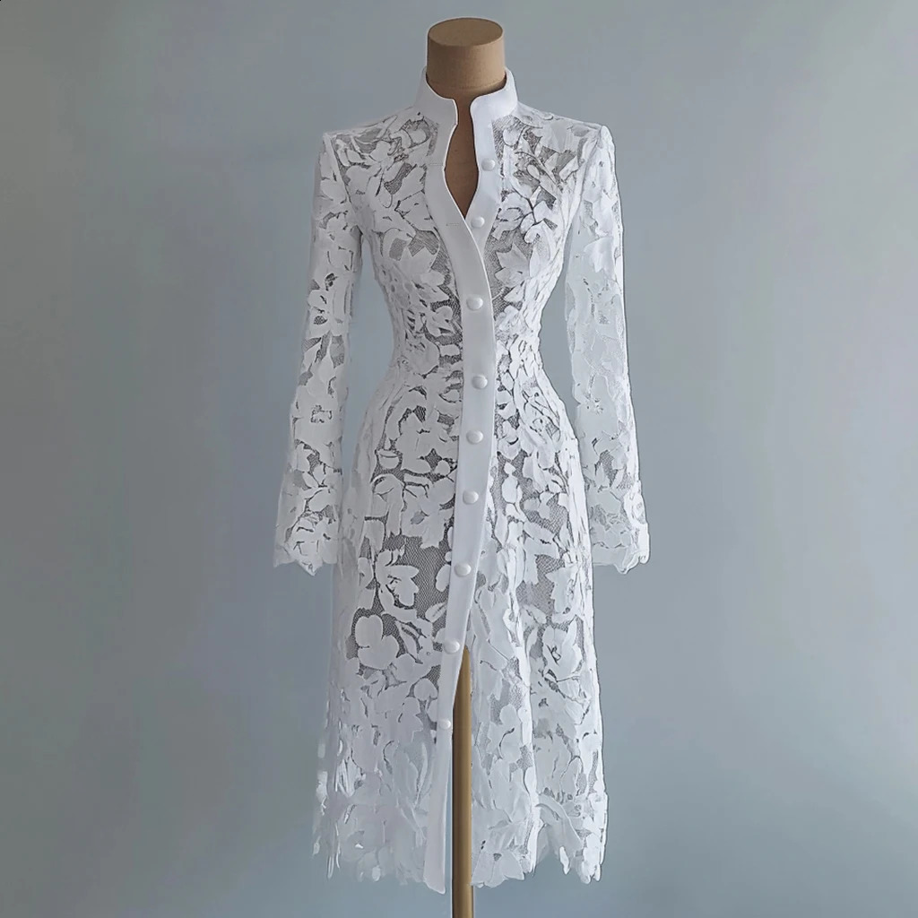 Womens Floral Lace Hollow Out Elegant Dress Solid Singlebreasted Stand Collar Sweet Long Sleeve Cardigan Outwear Midi Dresses 260921