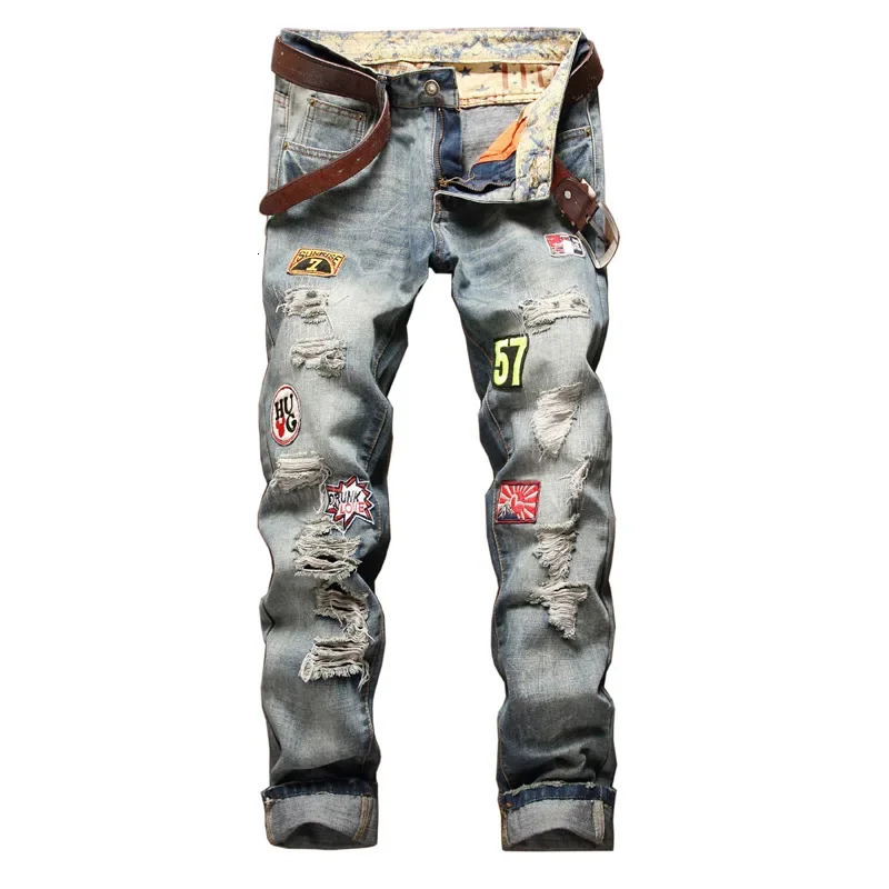 High Street Casual Motorcycle Jeans for Men without Belt Badge Distressed Straight-leg Slim-fit Ripped Denim Trousers Male 260922
