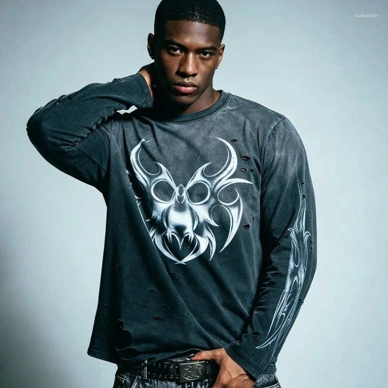 False Two-Piece Cotton Long Sleeve Tshirt Washed Black All Seasons Hip Hop Printing Oversize O-Neck Men Women