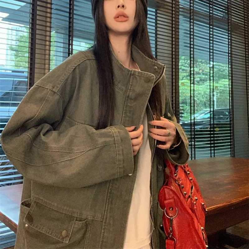 Women's Jackets Women Denim Jacket 2026 New Spring Vintage Washed Cargo Jacket Army Green Loose Drop Shoulder Oversized Casual Outerwear C26092