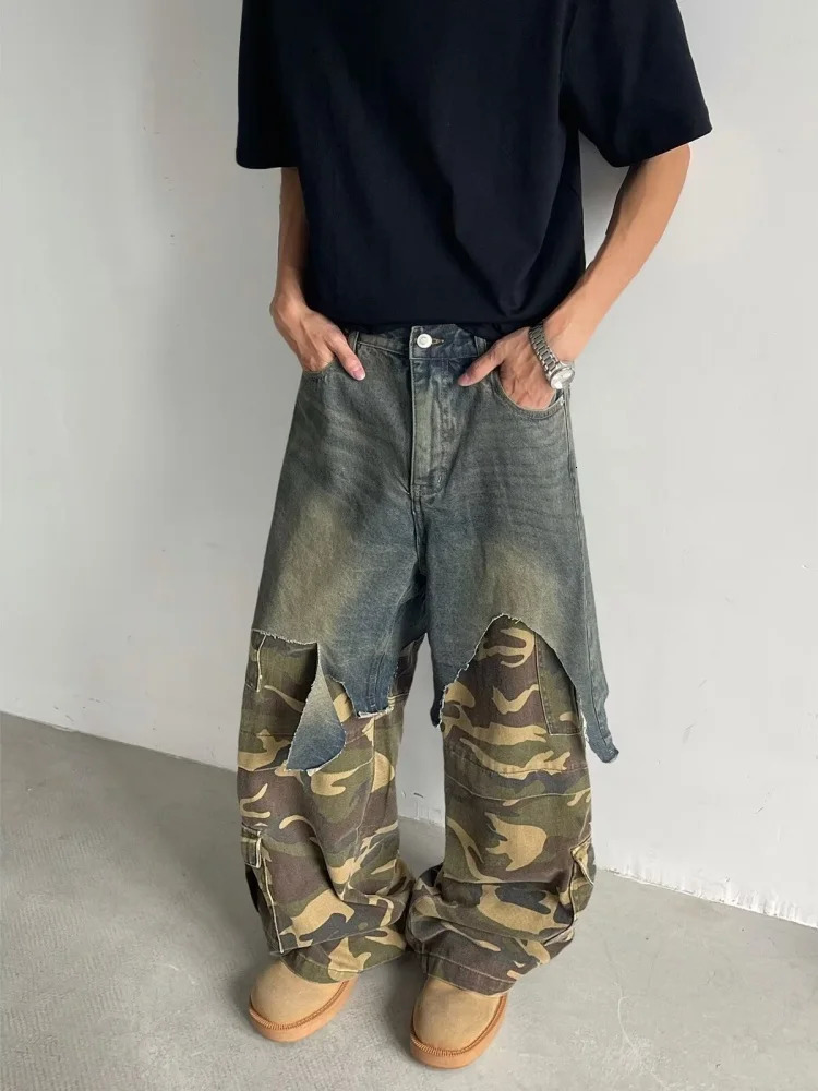 2026 Ropa Y2K Grunge Camouflage Patchwork Baggy Stacked Jeans Pants For Men Clothing Rock Wide Leg Straight Denim Trousers 260922