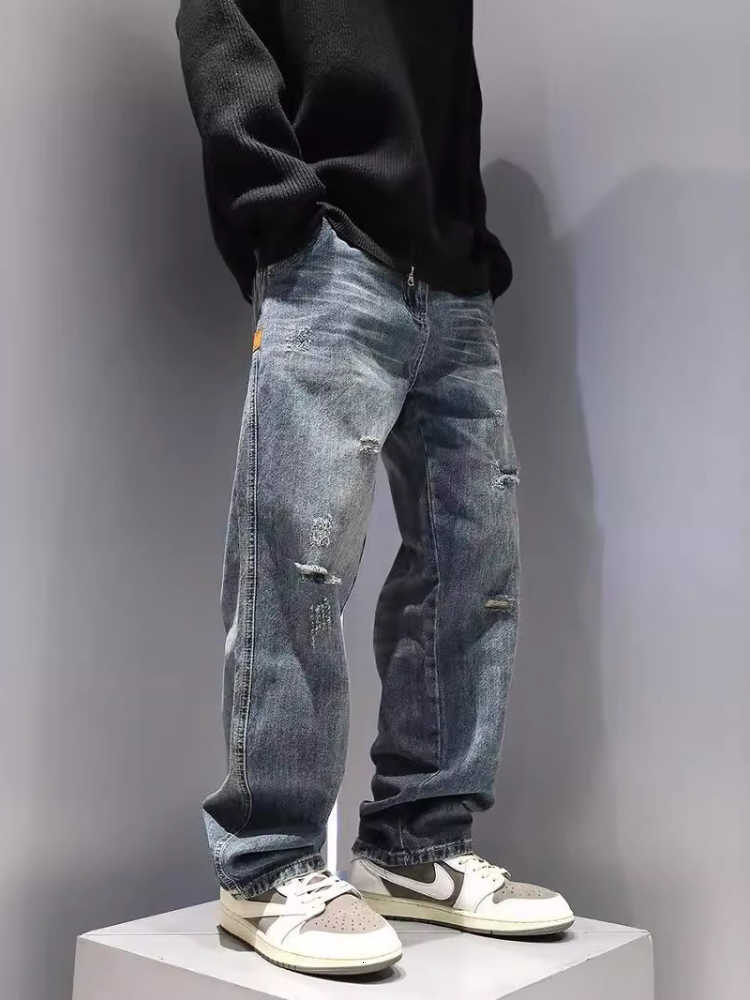 Jeans New Men's Men's Ripped Jeans Baggy Straight Fashion Vintage Blue Denim Pants Personality Streetwear Hip Hop High Quality Male Trouse