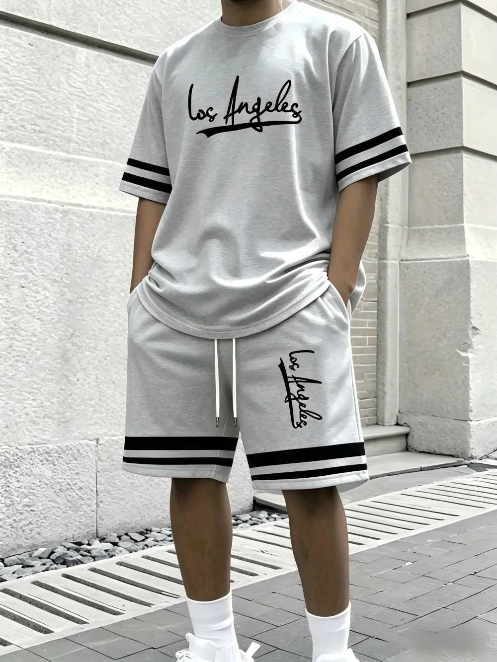 Men's Men's Tracksuits New Summer Gothic Letter Printed Comfortable Breathable Round Neck T-shirt Drawstring Shorts Set Outdoor Casual Wea