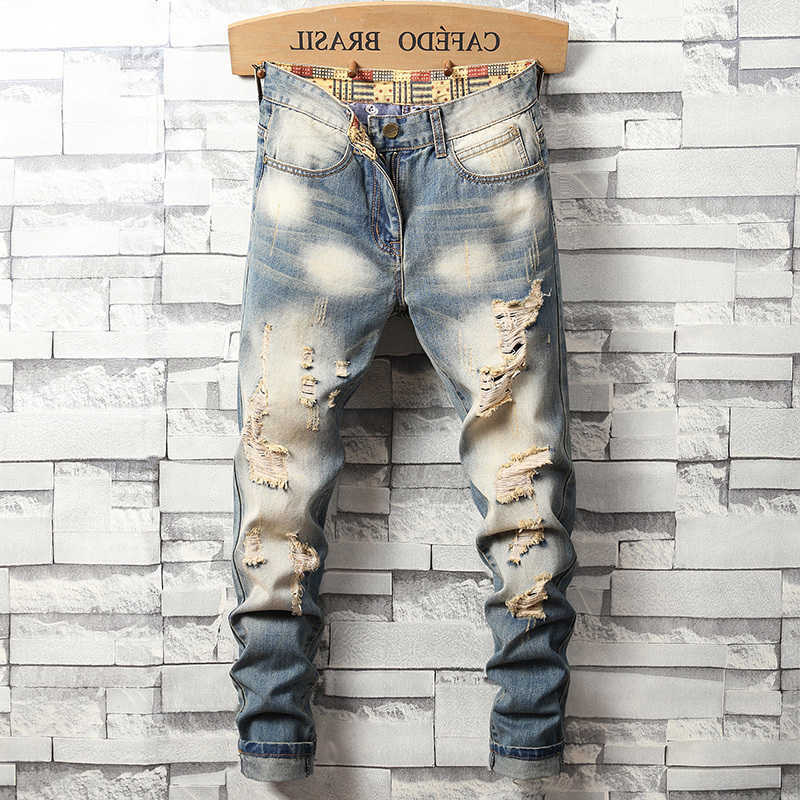 Jeans Distressed Men's Ripped Jeans Men's Retro Blue Fashion Slim Motorcycle Trousers Male Hip-hop Street Male Hole Denim Pants T260922