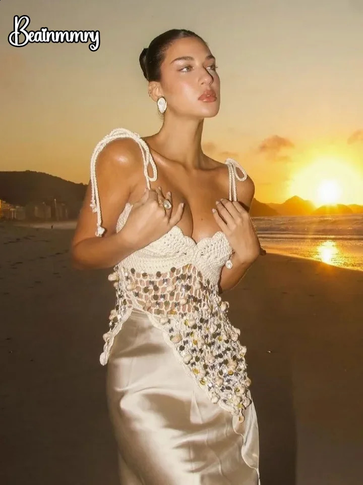 Women White Crochet Sequin Top Y2k Spaghetti Strap Scalloped V Neck Irregular Hem Sexy Elegant Beach Party Blouses 2026 Summer 260921