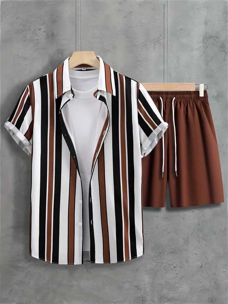 Summer Men's Tracksuits 2024 Men's Casual Commuter Suit Men's Striped Printed Shirt Short Sleeve Shorts 2-Piece Men's Hawaiian B