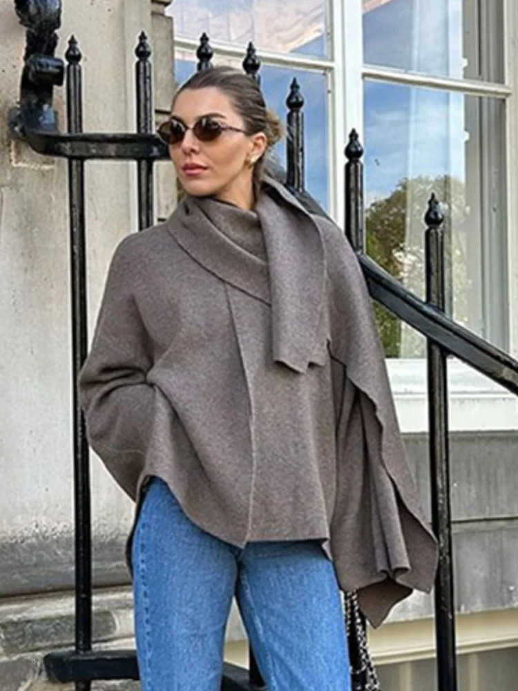 Asymmetric Elegant Scarf Womens Cape Knitted Jacket Solid Long Short Woolen Coat Overcoat S260922DJ3L