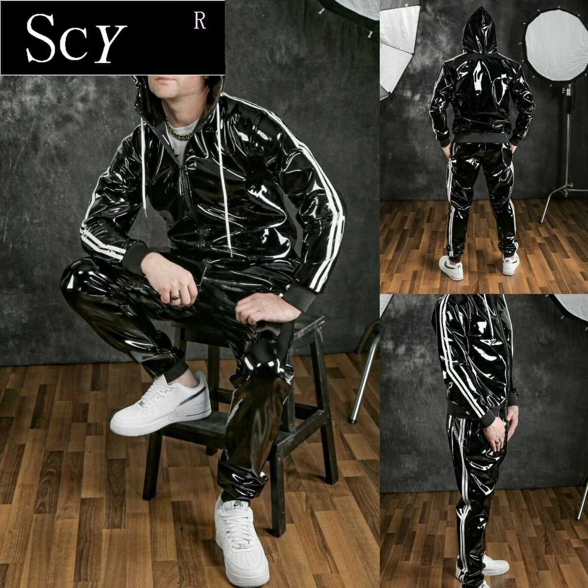 and Men's Tracksuits Men's women's PU leather Hoodie suit leisure sportswear Hoodie jogging suit sportswear men's suit bright le