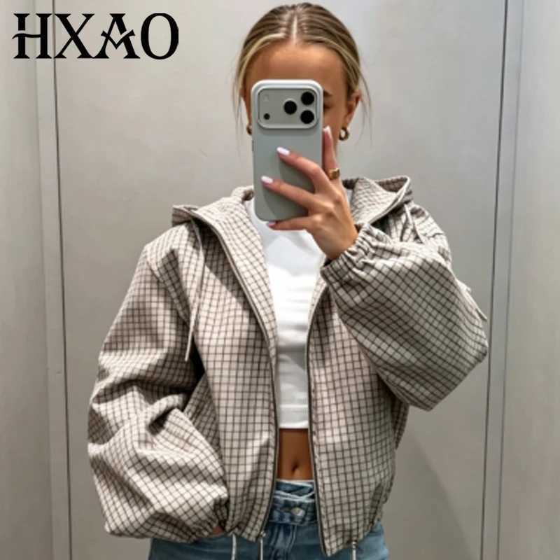 Women's Jackets HXAO Plaid Crop Hooded Jackets Women's Bomber Jacket Autumn 2026 Oversized Lantern Long Sleeve Zip-Up Outerwears Streetwea