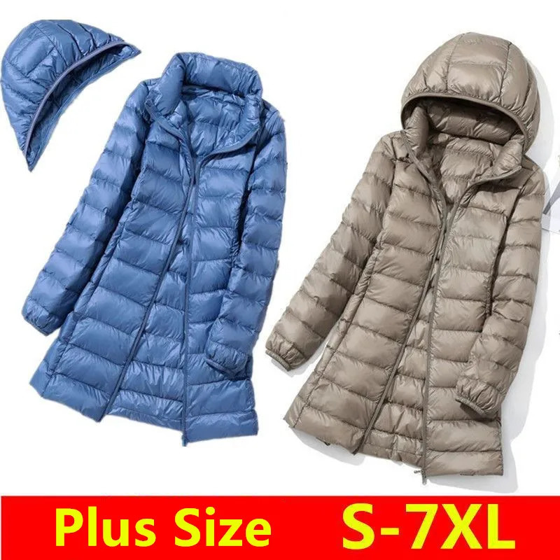 Women Spring Jacket Ultralight Thin Packable Down Long Female Hat Detachable Slim Fit Skirt Coat Portable Outwear 260921
