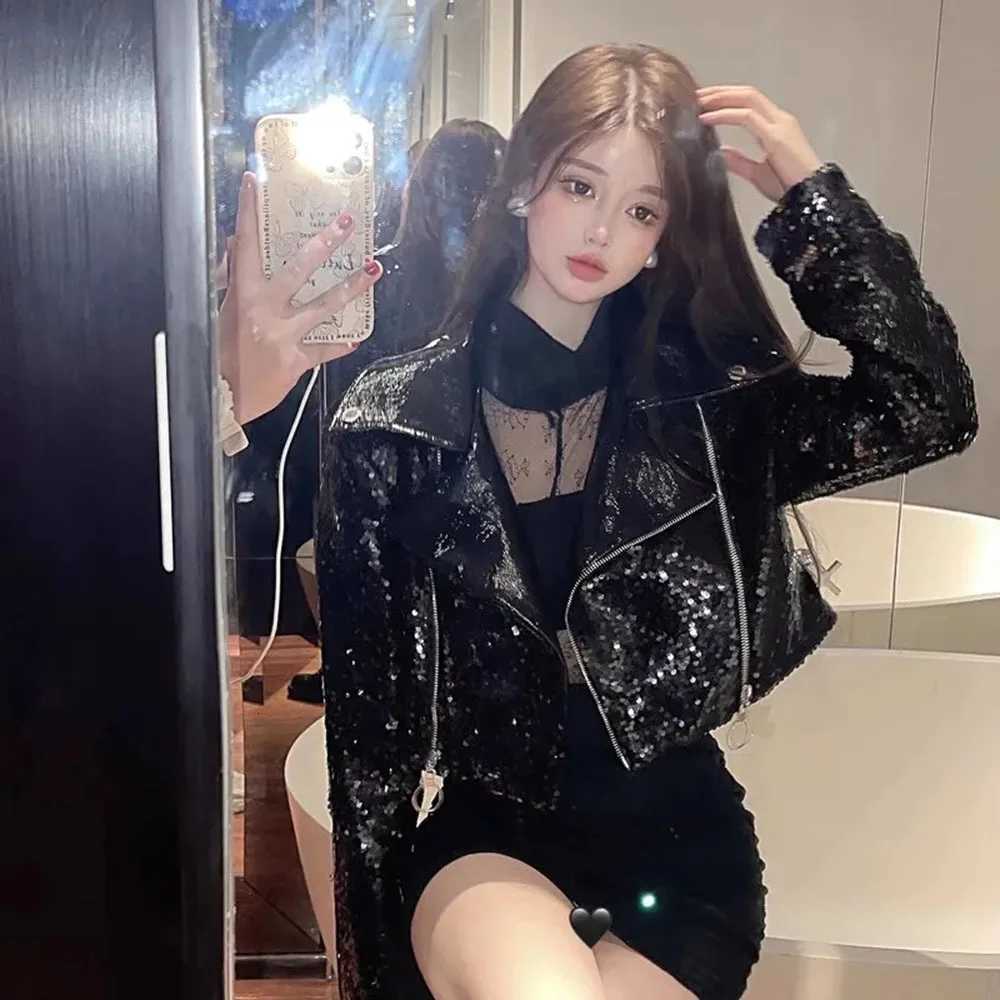 Short Fashion Sequins Leather Coat Women Slim Lapel Long Sleeve Zipper Spring Fall Jacket Female Black Outwear Korean Streetwear C260921