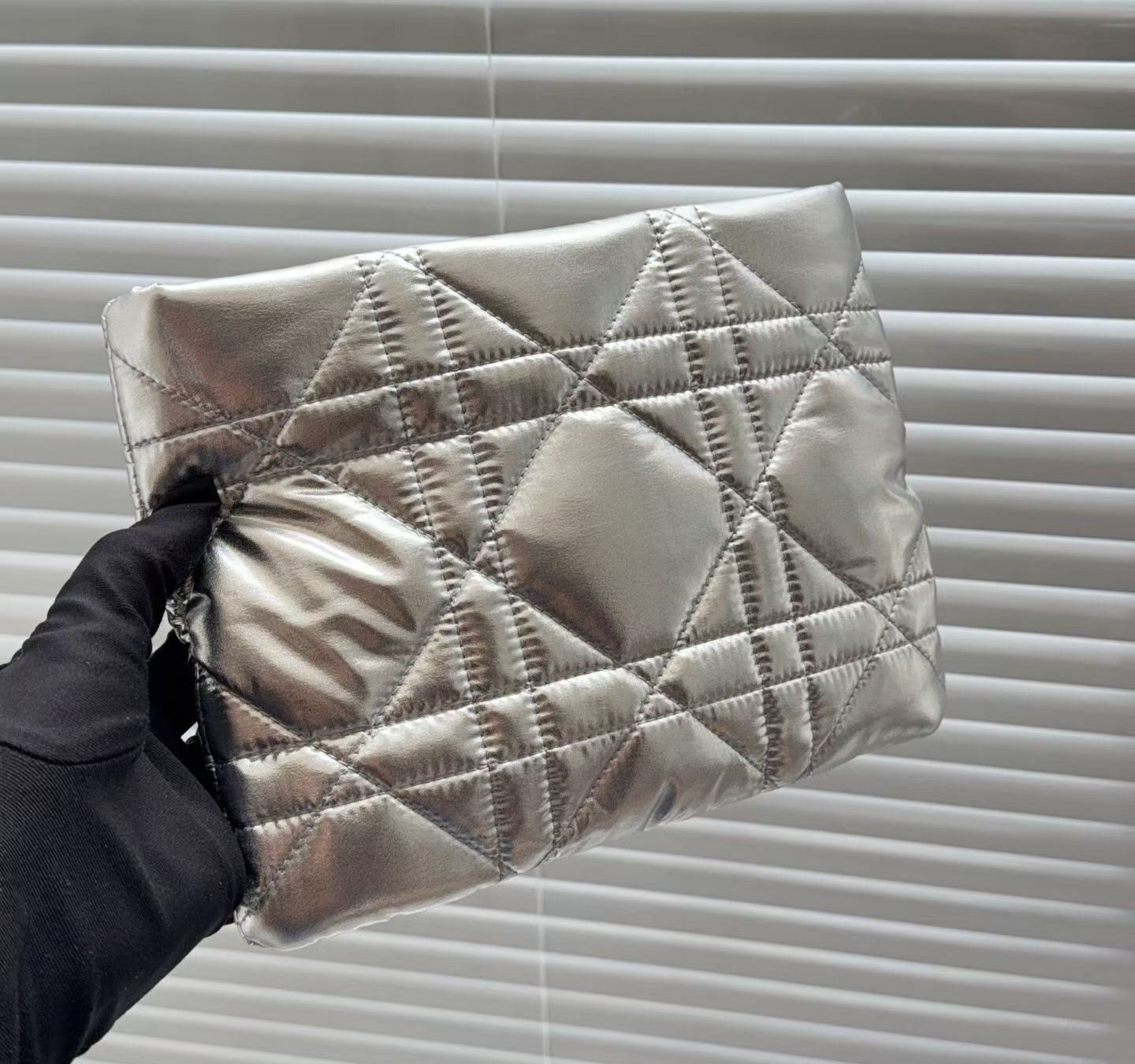 Limited Edition Silver Quilted Makeup Pouch, Embossed Logo Zipper Cosmetic Bag GWP, 22x17x3cm, Comes with Gift Box