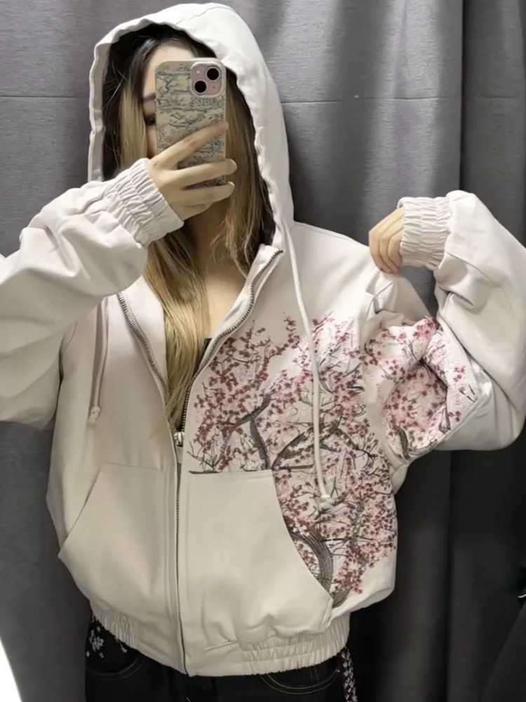 Men's Hoodies Sweatshirts American Harajuku Sakura Retro Embroidery Pink Hoodie Y2K Jacket Men Women Gothic Streetwear Oversized Casual Fashion
