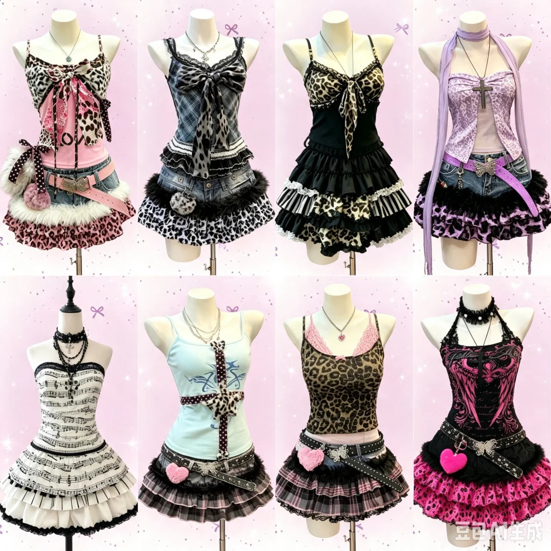 Americano Vintage Punk Gotico Leopardo Stampa 2 Pezzi Abiti Donna Sottocultura Pianoforte Top Gonna Retro Harajuku Y2k Abiti Casual 260921