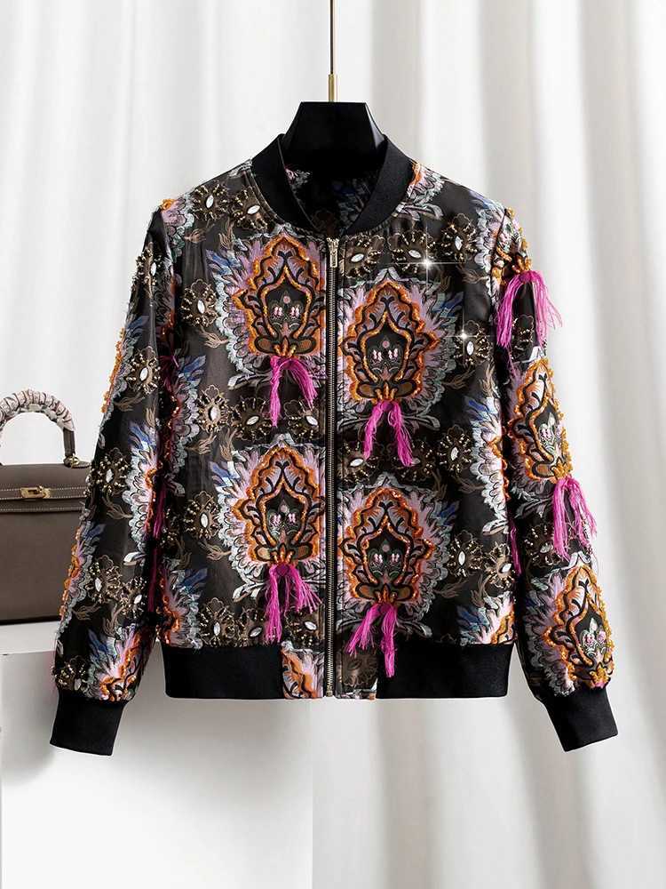 Women's Jackets Women Printed Jacquard Beaded Crystal Stand Collar Zip Baseball Jacket Outerwear Spring Autumn Casual Vintage Streetwear Trendy