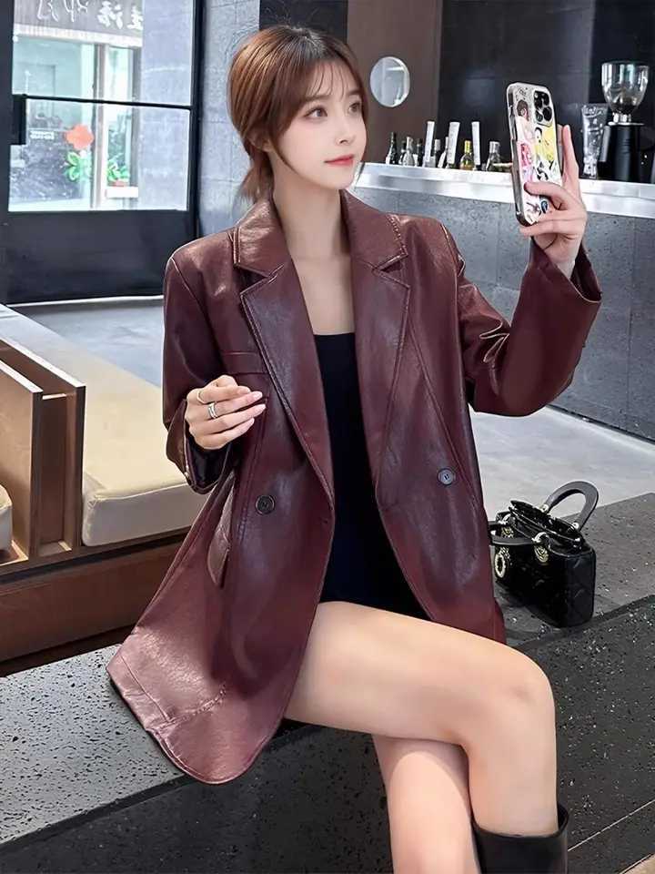 Spring Autumn 2025 New Ankela Red Retro High Grade Leather Jacket for Women Loose and Casual Skinny Leather Suit Trendy Blazer C260921