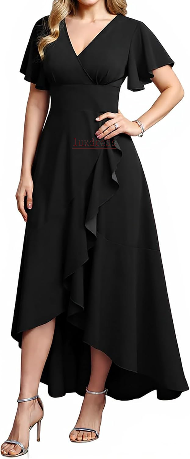 Abiti lunghi neri formali per la madre per le donne Abito da sera da festa con spacco Elegante scollo a V avvolgente con volant Abito da cocktail pe
