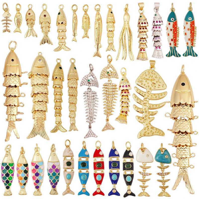 Pendant Necklaces Enamel Fish Bone Squid Marine Sea Dalphin Charm Pendant 18K Real Gold Silver Plated Zircon Jewelry Finding Supplies S87 S75 X26092