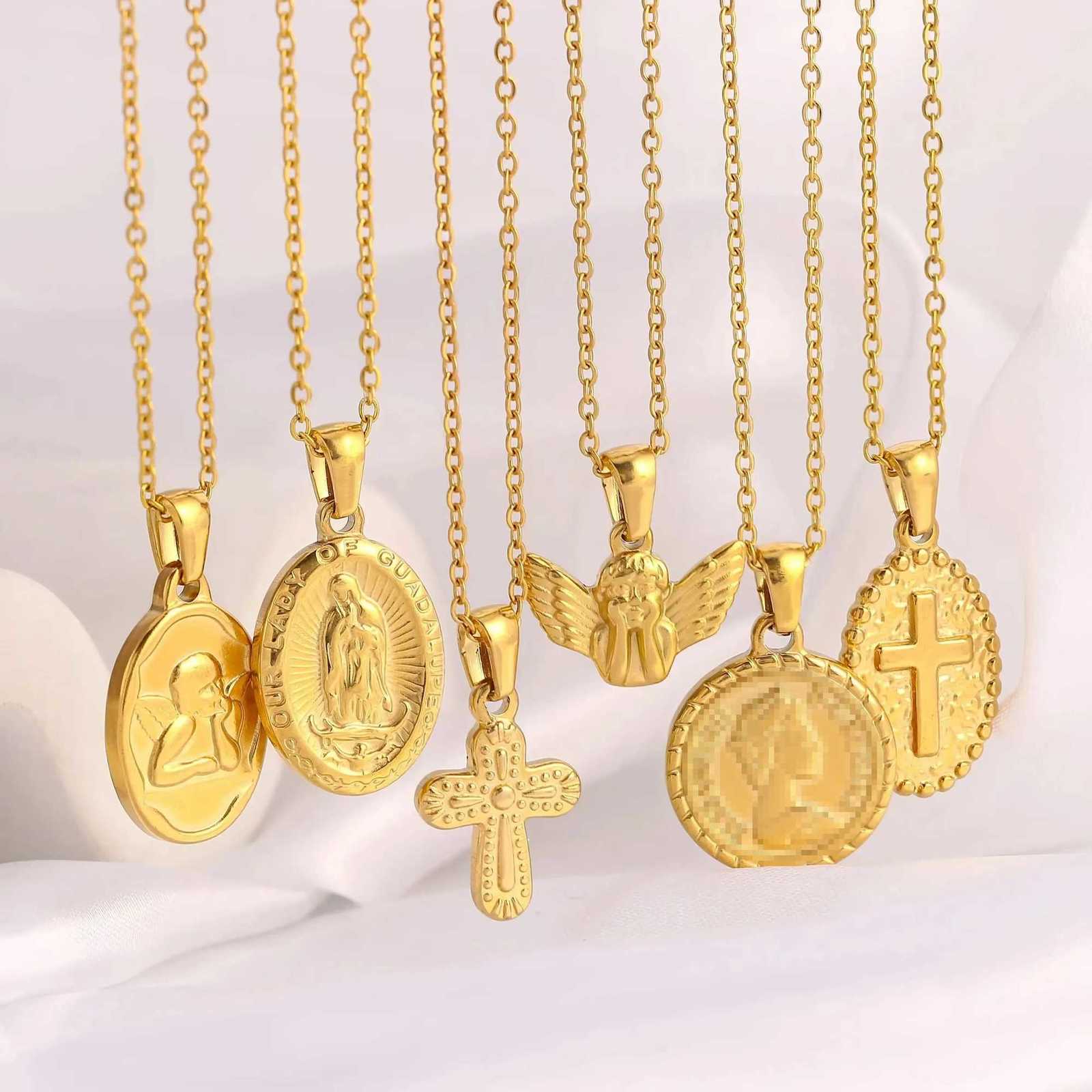 Pendant Necklaces Religious Cross/Virgin Mary/Angel/Queen Pendant Necklace Stainless Steel Amulet 18K Gold Color PVD Plated Chain Necklace Jewelry X