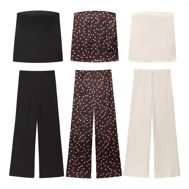 Women's Satin Pants Set Spring Sexy Strapless Top High Waisted Side Zipper Loose Trousers Fashion Casual Female Two Pieces Sets