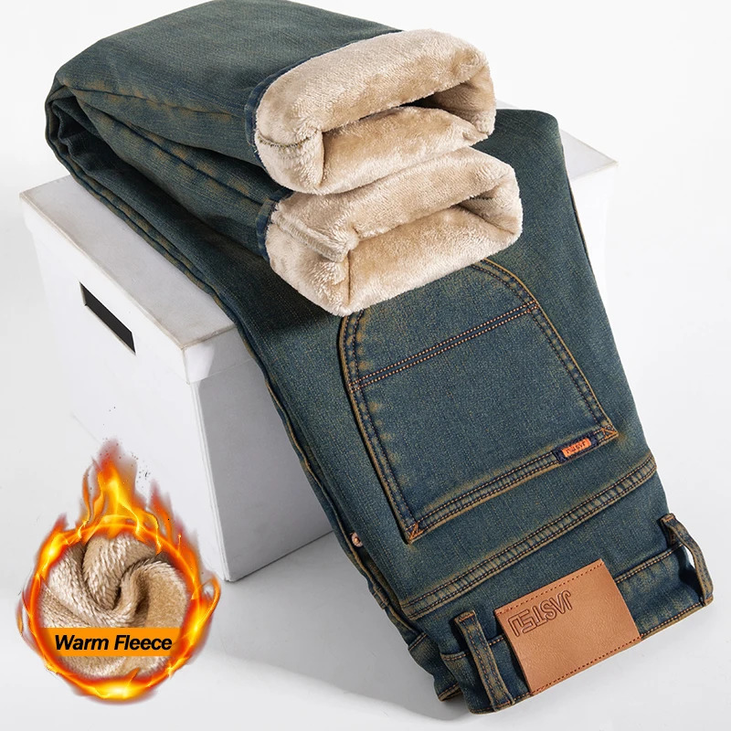 High Quality Winter Jeans Men's Warm Fleece Thickened Elastic Denim Pants Fashion Straight Elastic Retro Plush Velvet Pants 260922