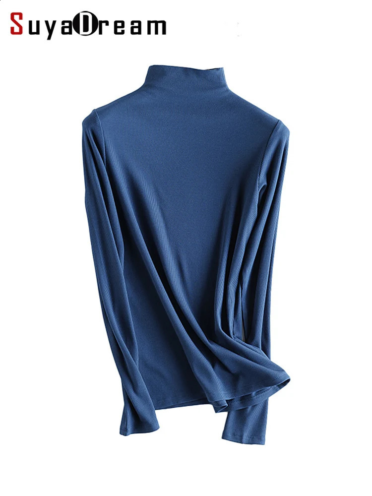 SuyaDream Women Bottoming T Shirt Silk Blend Long Sleeves Solid Basic Shirt Autumn Winter Turtleneck Top 260921