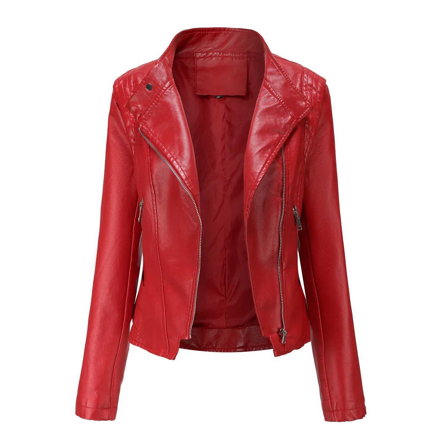 PU Slim Fit Leather Jacket for Women Thin Long Sleeved Jacket Short Coat Spring and Autumn Motorcycle Zipper Leather Jacket C260921