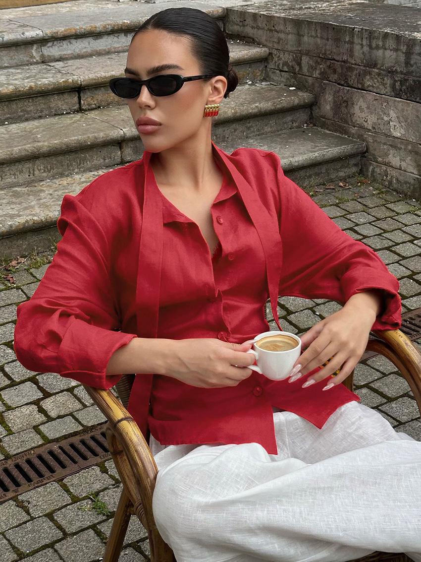 New Spring & Summer Collection: Women's Cotton-Linen Shirt with Flowing Tie-Waist Design, Stylish and Elegant, Suitable for Both Casual and Pro