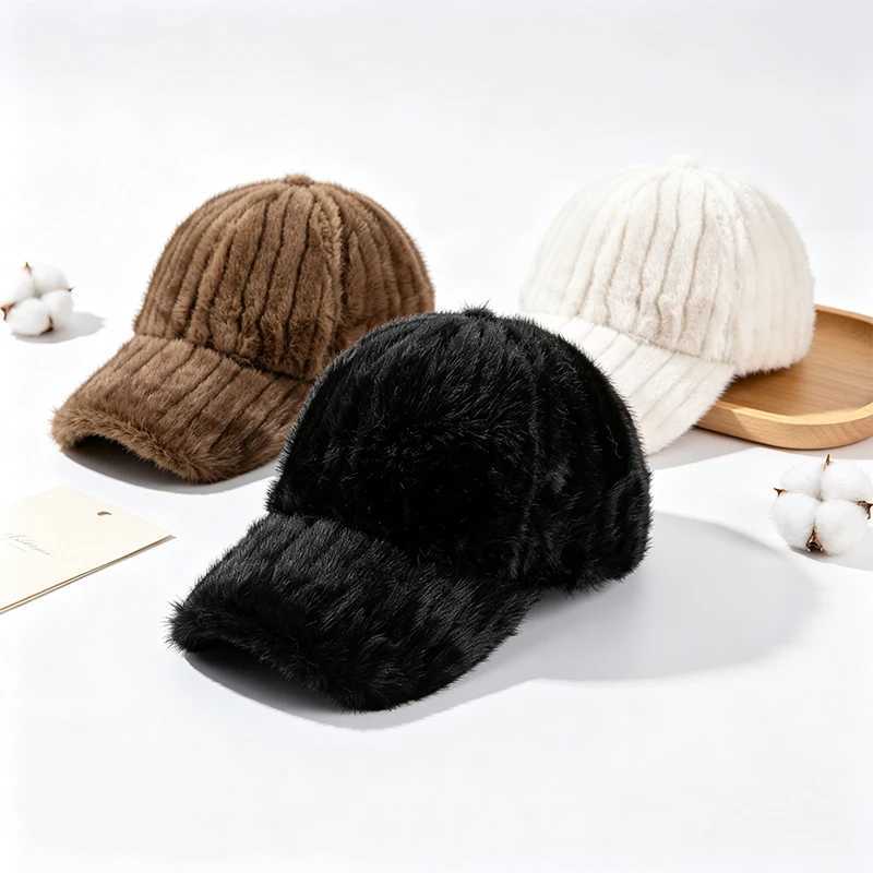 Cap Faux for Mink Fur Baseball Women Men Winter Warm Plush Striped Curved Brim Dad Hat Korea Style Outdoor Duckbill Tongue Hat M260921