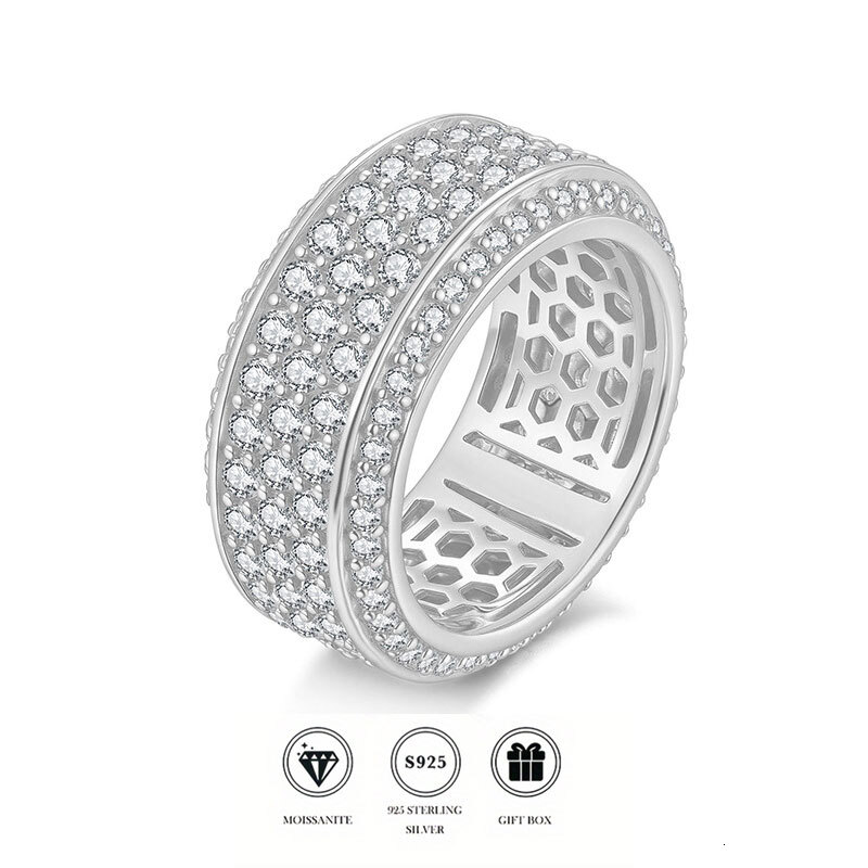 GRA Certified Multi-Row Moissanite Full Eternity Ring S925 Sterling Silver Wide Band Honeycomb Hollow Custom Unisex Wedding Hip