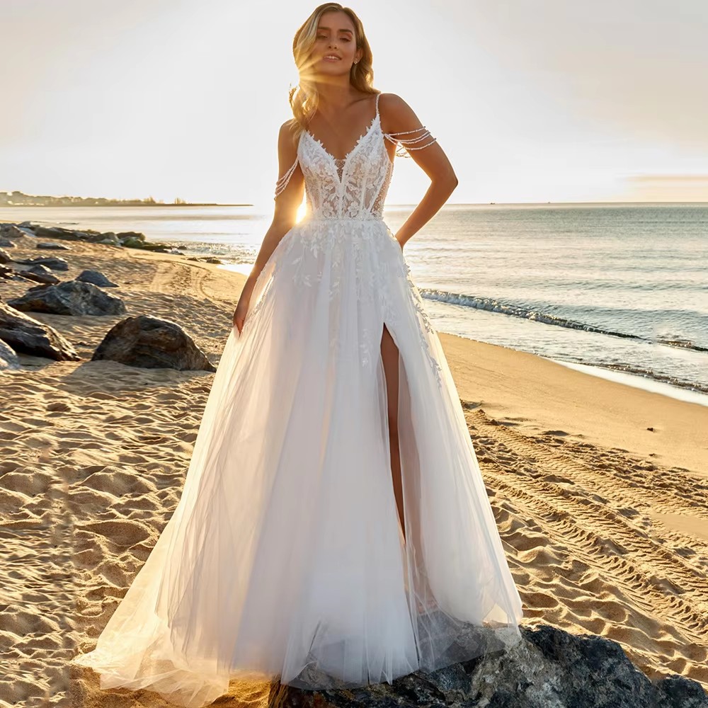 Sexy Boho Wedding Dresses Beach Customized V Neck Spaghetti Straps See Through Applique High Slit A Line Bridal Gown Vestidos De Novia Robe De Maria