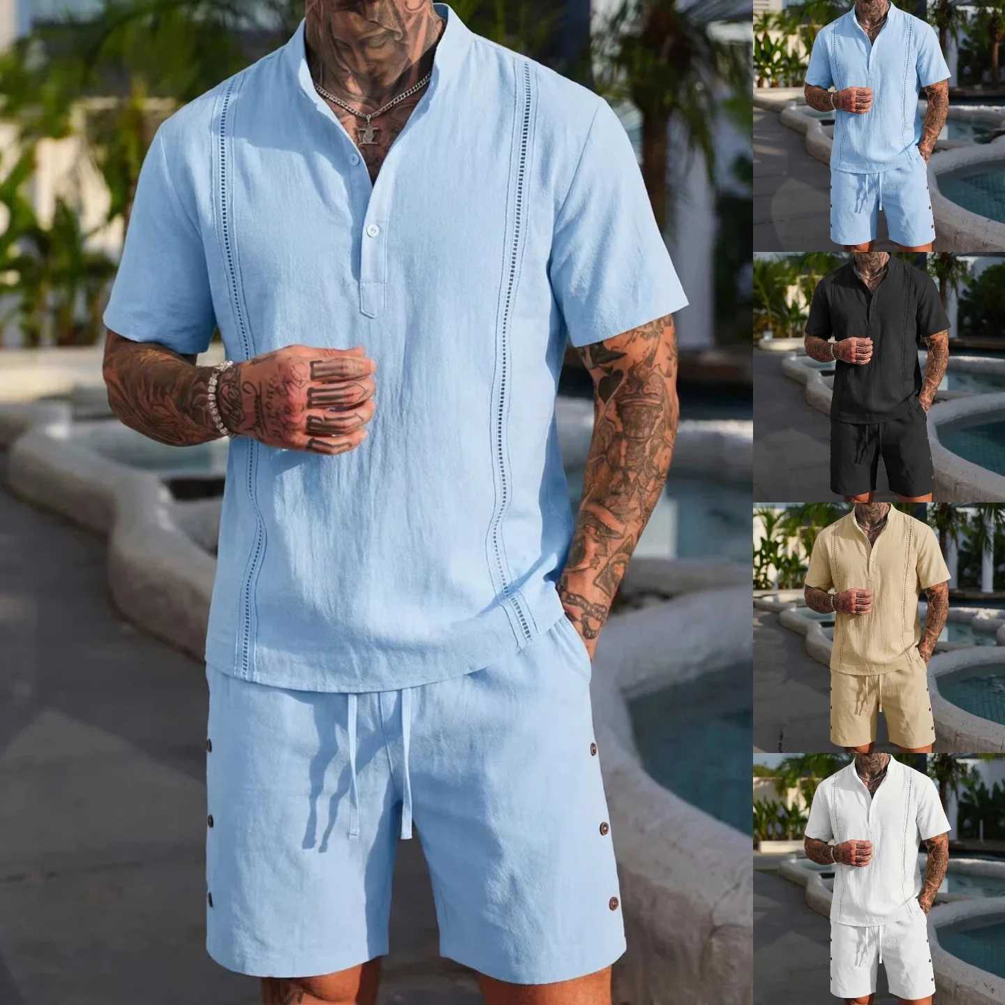 Tracksuits Men's Summer Men's Fashion Cotton Linen Short-Sleeved Shirt And Breathable Short Pants Set Casual Lightweight Personalized Clot