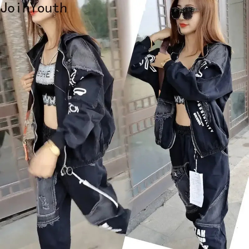 Women's 2 Piece Clothes Sets Fashion Jeans Denim Coat Clothes Oversized Hooded Jacket Pants Outfits Korean Women Two Piece Set 260921