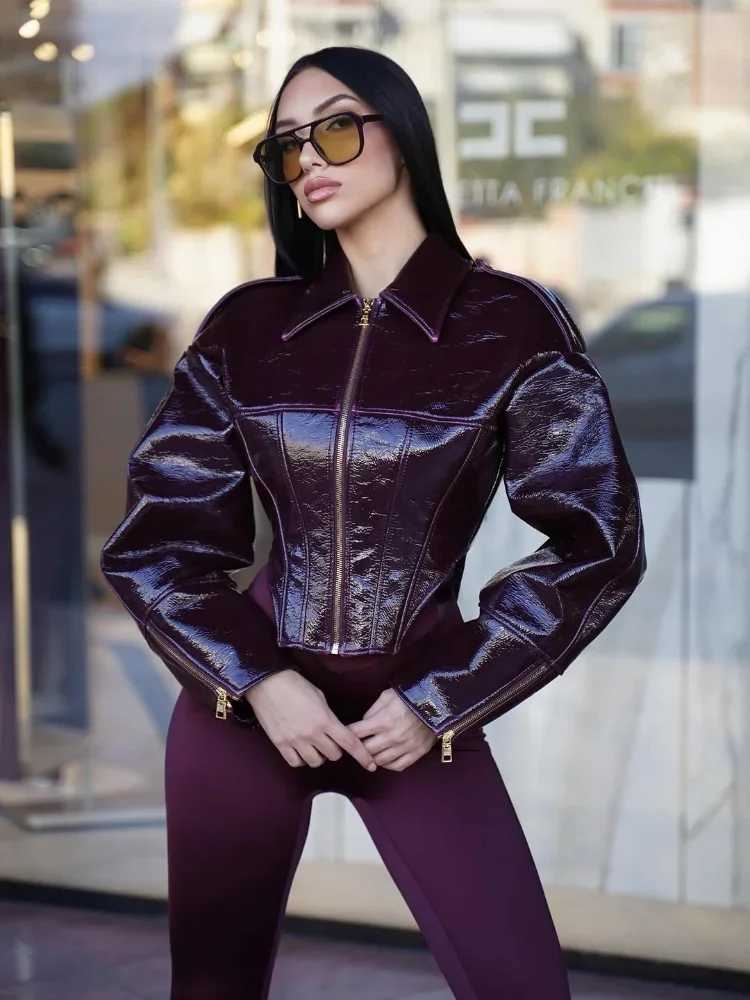 Leather Faux Women's Leather Women Coated Cinched-waist Leather Jacket Retro Casual Lapel Full Sleeve Zipper Fishbone Coats 2026 Lady Daily Hig