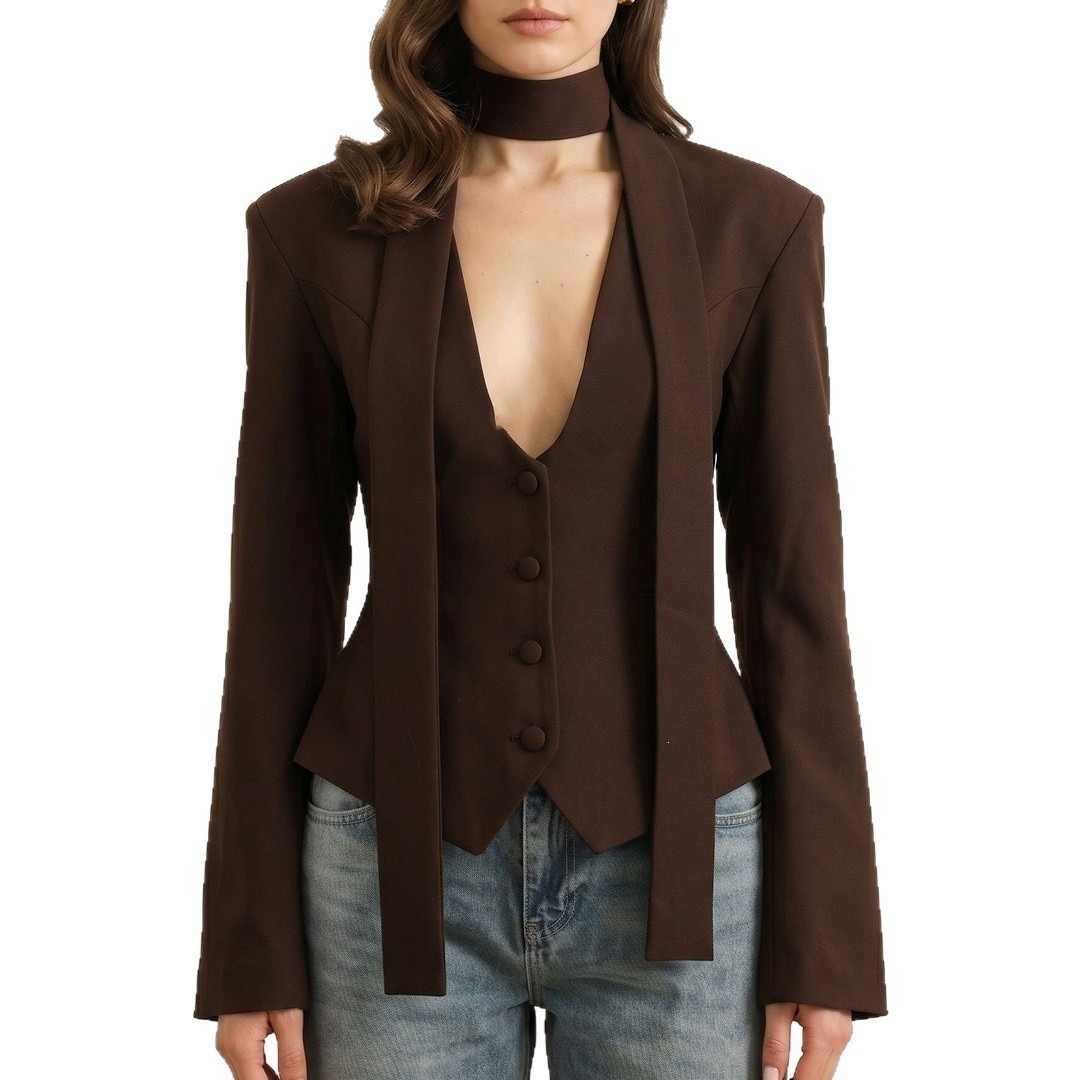 2026 New Fashion Solid Color Deep V-neck Slim Fit Long Sleeve Casual Small Blazer Jacket Top