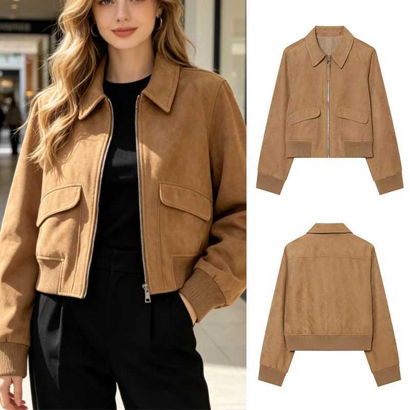 Women's Jackets Guobioziy Women's Suede-Look Short Flight Jacket with Turn-Down Collar and Front Zipper Retro Casual Short Coat C260921