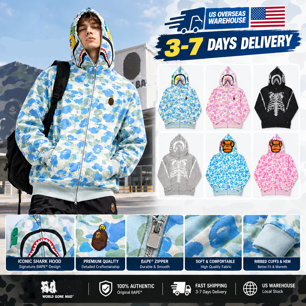 BA Shark Hoodies Mens Designer Hoodies Baphoodie Jacket Full Zip Up Cartoon Jackets Men Women Hoodie High Quality Hip Hop Y2k Camouflage Hoodies