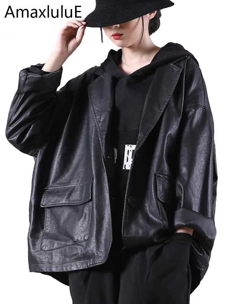 luluE 2025 Amax Autumn England Designer Womens Black Faux Leather Jackets Loose Casual Biker Coat Females Harajuku Pu Streetwear C260921