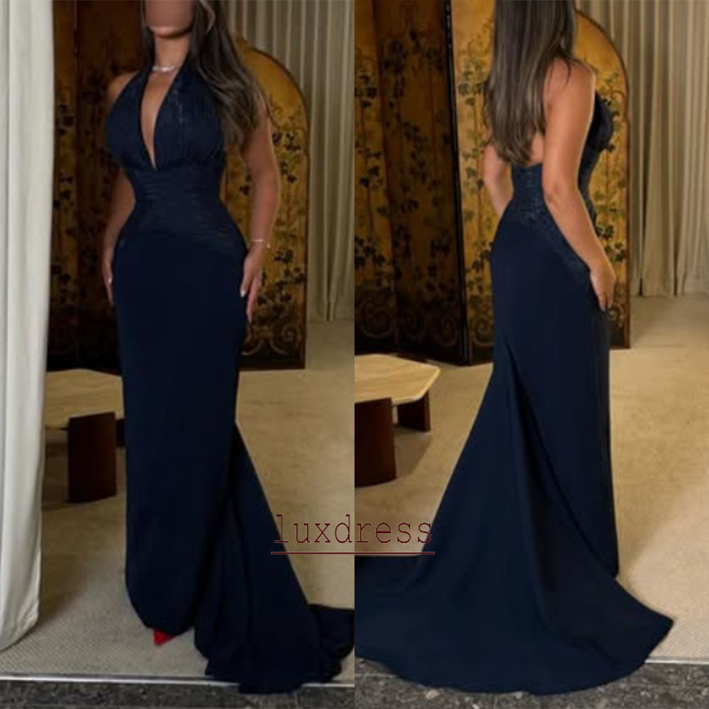 Elegant Sheath Navy Blue Halter Evening Dresses Plunging V Neck Beads Appliques Floor Length Formal Prom Party Dress Customized