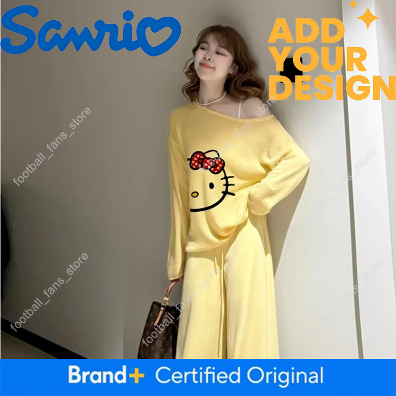 Ong-Sleeved Blouse T-Shirt for Girls Hello Kitty Plus Size Age-Reducing Two-Piece Suit Sanrio Dopamine Yellow Off-Shoulder Tops e3