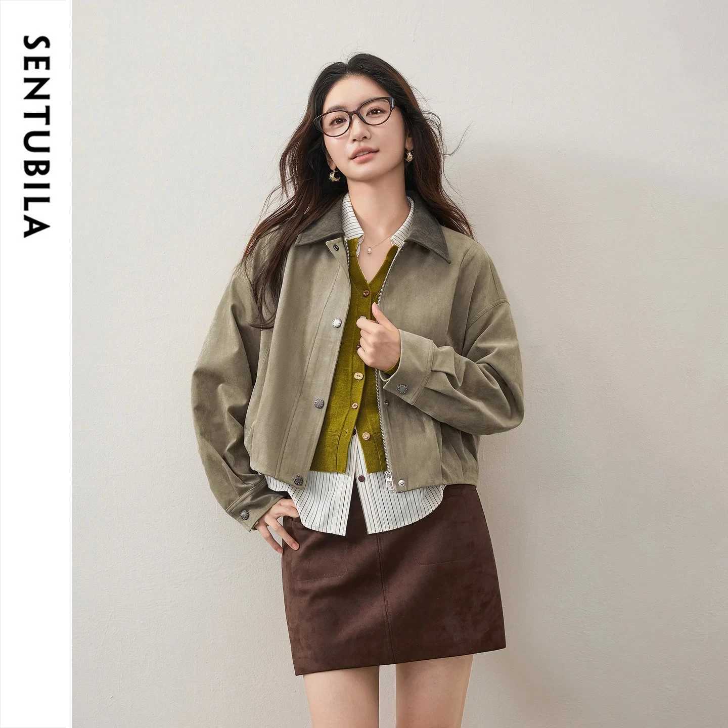 Women Faux SENTUBILA Suede Cropped Jacket Autumn 2026 Vintage Retro Vibe Drop Shoulder Loose Casual Daily Outer Coat W63WB8301 C260921